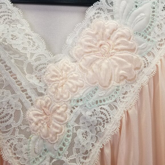 Vintage Shadowline Night Gown Sz S Maxi Peach Pink Nylon Puffy Flower USA NEW - Picture 9 of 16